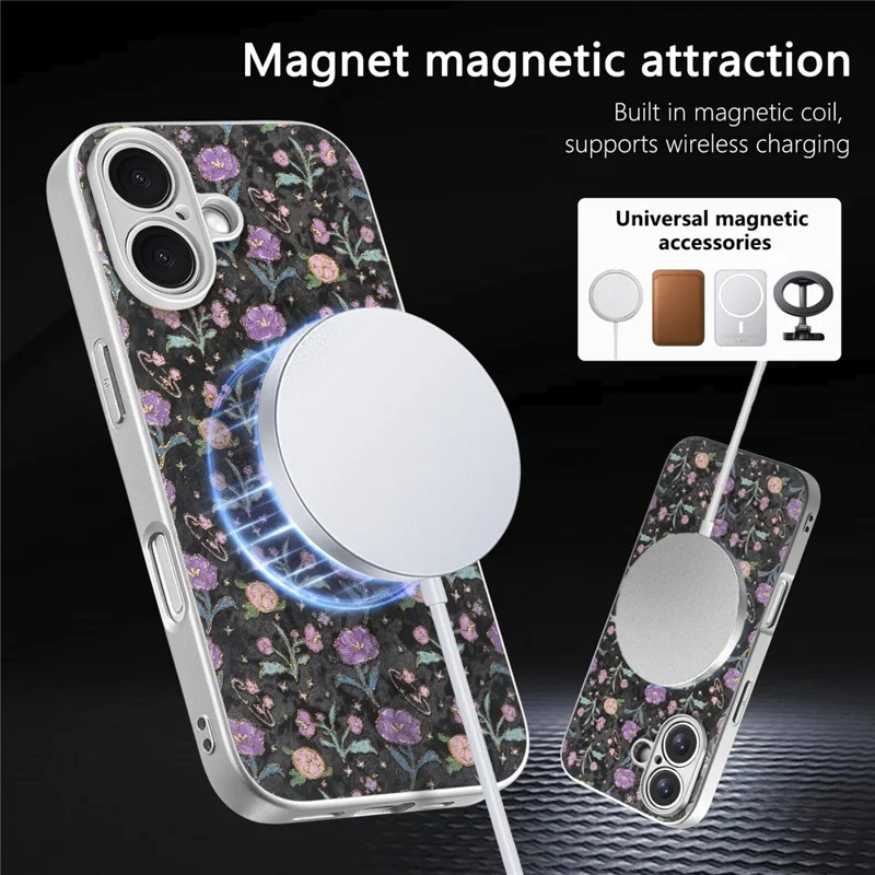 For iPhone 17 Magnetic Case with Detachable Card Holder Floral Pattern Anti-Drop Phone Cover - Black