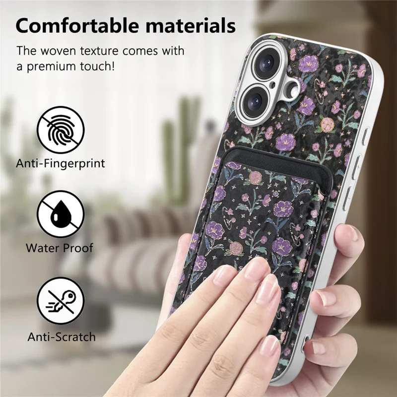 For iPhone 17 Magnetic Case with Detachable Card Holder Floral Pattern Anti-Drop Phone Cover - Black
