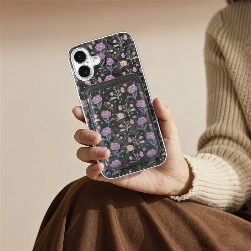 For iPhone 17 Magnetic Case with Detachable Card Holder Floral Pattern Anti-Drop Phone Cover - Black