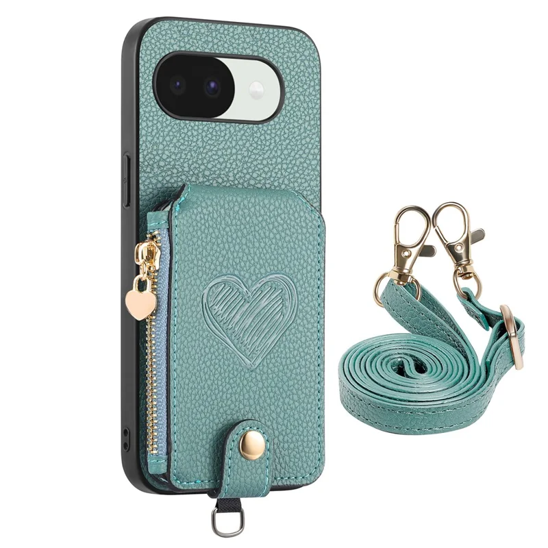 For Google Pixel 10a Case Card Holder Zipper Pocket Heart Pattern Leather Phone Back Cover with Crossbody Strap - Blue