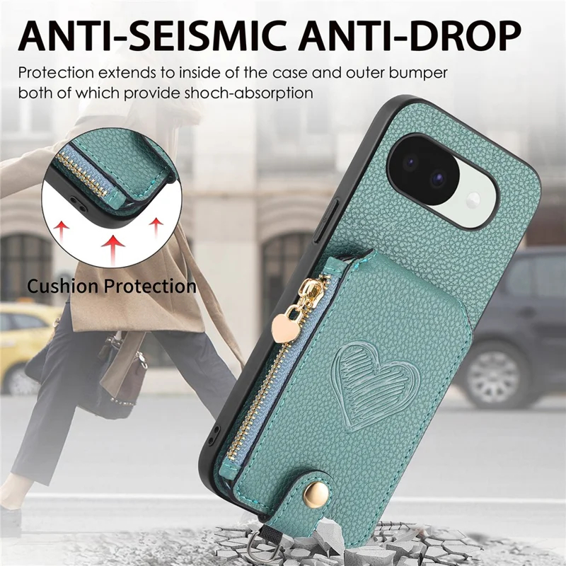 For Google Pixel 10a Case Card Holder Zipper Pocket Heart Pattern Leather Phone Back Cover with Crossbody Strap - Blue