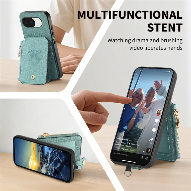For Google Pixel 10a Case Card Holder Zipper Pocket Heart Pattern Leather Phone Back Cover with Crossbody Strap - Blue