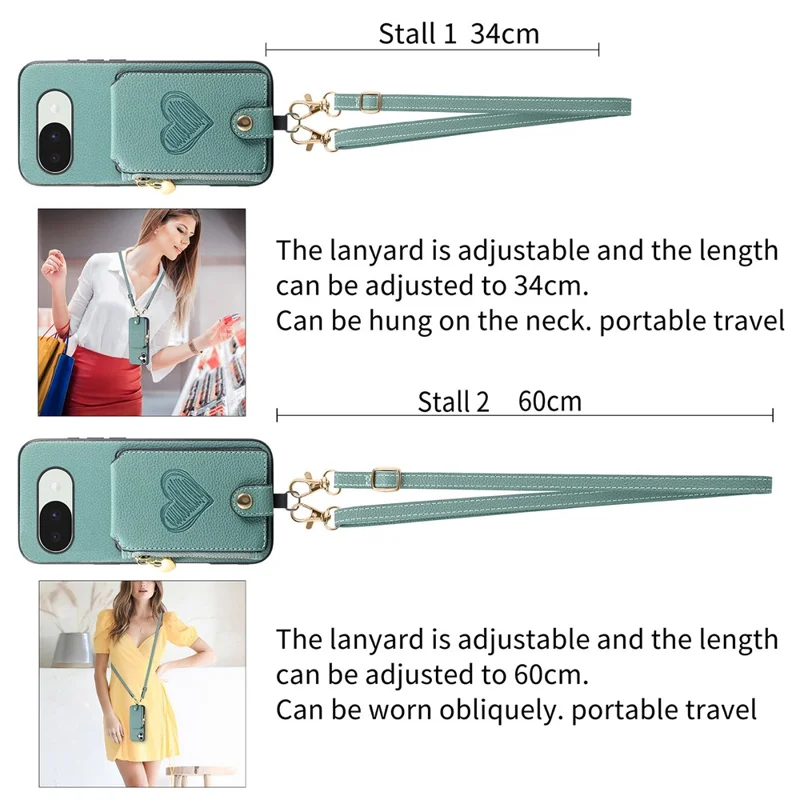 For Google Pixel 10a Case Card Holder Zipper Pocket Heart Pattern Leather Phone Back Cover with Crossbody Strap - Blue