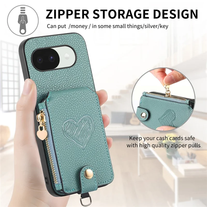 For Google Pixel 10a Case Card Holder Zipper Pocket Heart Pattern Leather Phone Back Cover with Crossbody Strap - Blue