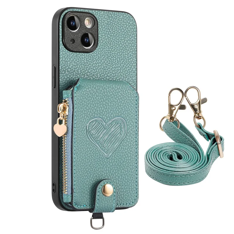 For iPhone 15 Case Card Holder Zipper Pocket Heart Pattern Leather Phone Back Cover with Crossbody Strap - Blue