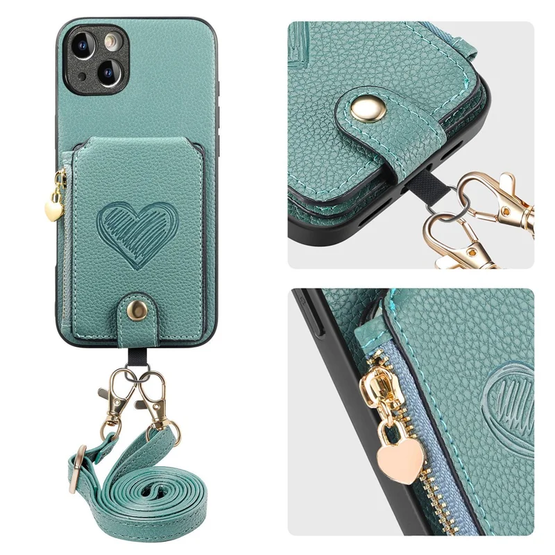 For iPhone 15 Case Card Holder Zipper Pocket Heart Pattern Leather Phone Back Cover with Crossbody Strap - Blue