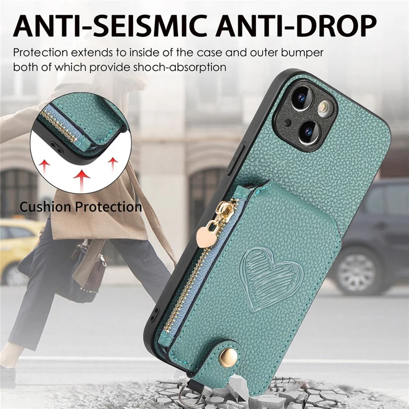 For iPhone 15 Case Card Holder Zipper Pocket Heart Pattern Leather Phone Back Cover with Crossbody Strap - Blue