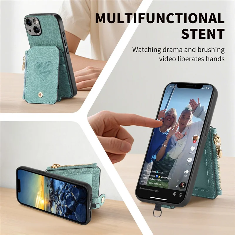 For iPhone 15 Case Card Holder Zipper Pocket Heart Pattern Leather Phone Back Cover with Crossbody Strap - Blue