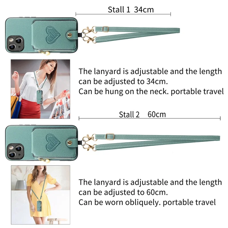 For iPhone 15 Case Card Holder Zipper Pocket Heart Pattern Leather Phone Back Cover with Crossbody Strap - Blue