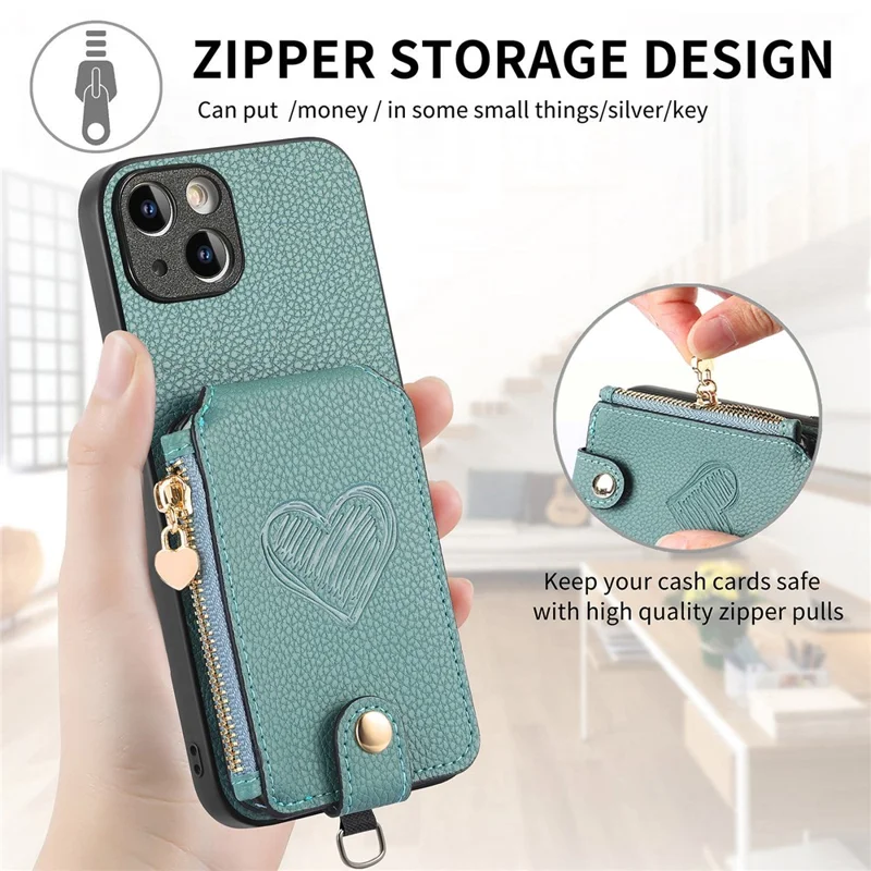 For iPhone 15 Case Card Holder Zipper Pocket Heart Pattern Leather Phone Back Cover with Crossbody Strap - Blue