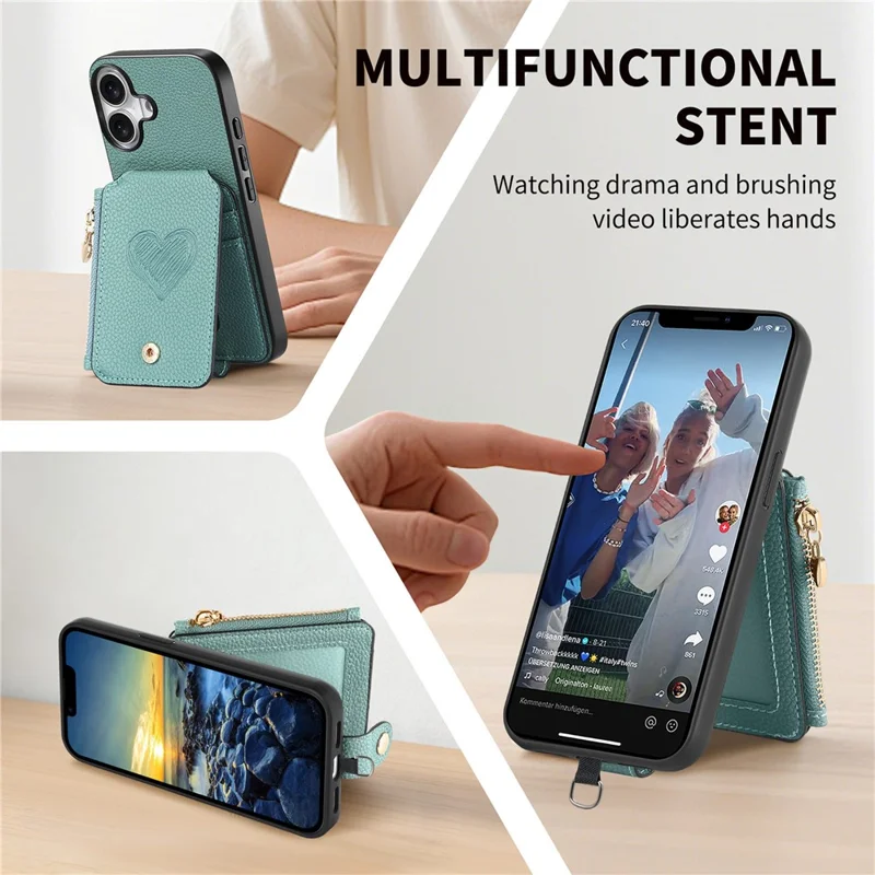 For iPhone 16 Case Card Holder Zipper Pocket Heart Pattern Leather Phone Back Cover with Crossbody Strap - Blue