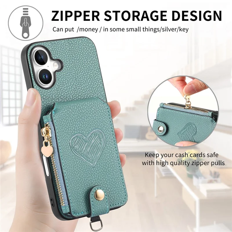 For iPhone 16 Case Card Holder Zipper Pocket Heart Pattern Leather Phone Back Cover with Crossbody Strap - Blue