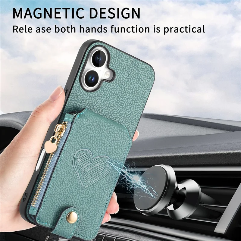 For iPhone 16 Case Card Holder Zipper Pocket Heart Pattern Leather Phone Back Cover with Crossbody Strap - Blue