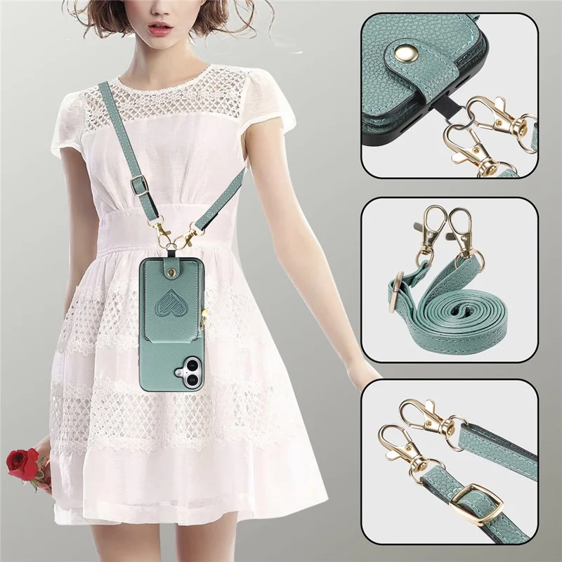 For iPhone 16 Case Card Holder Zipper Pocket Heart Pattern Leather Phone Back Cover with Crossbody Strap - Blue