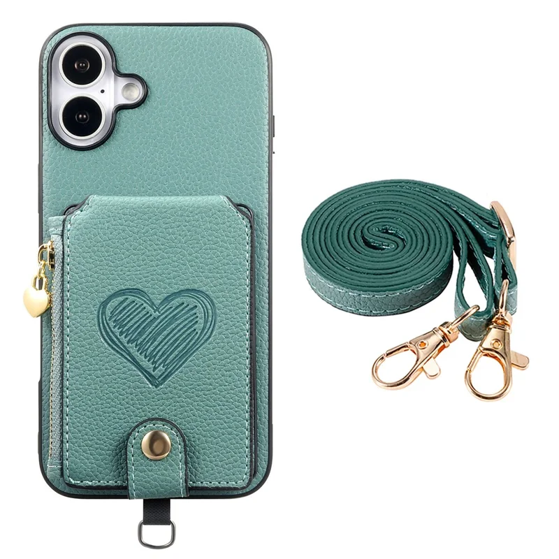 For iPhone 16 Case Card Holder Zipper Pocket Heart Pattern Leather Phone Back Cover with Crossbody Strap - Blue