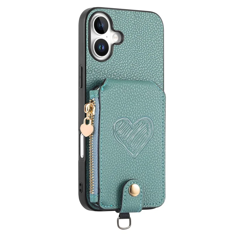 For iPhone 16 Case Card Holder Zipper Pocket Heart Pattern Leather Phone Back Cover with Crossbody Strap - Blue