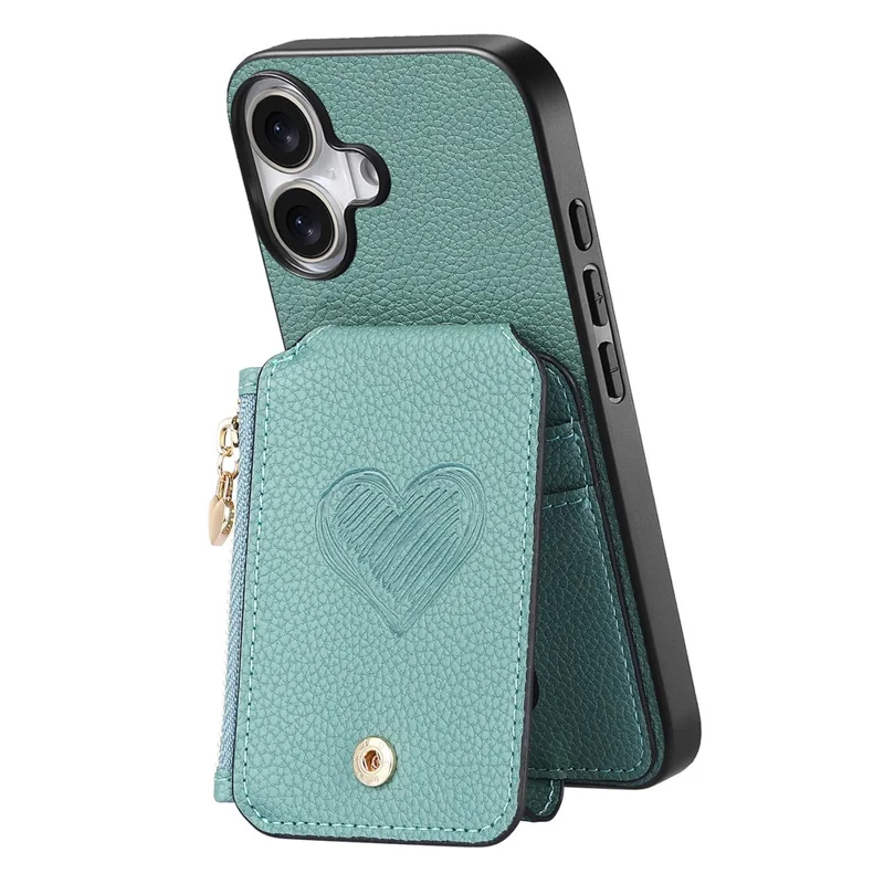 For iPhone 16 Case Card Holder Zipper Pocket Heart Pattern Leather Phone Back Cover with Crossbody Strap - Blue
