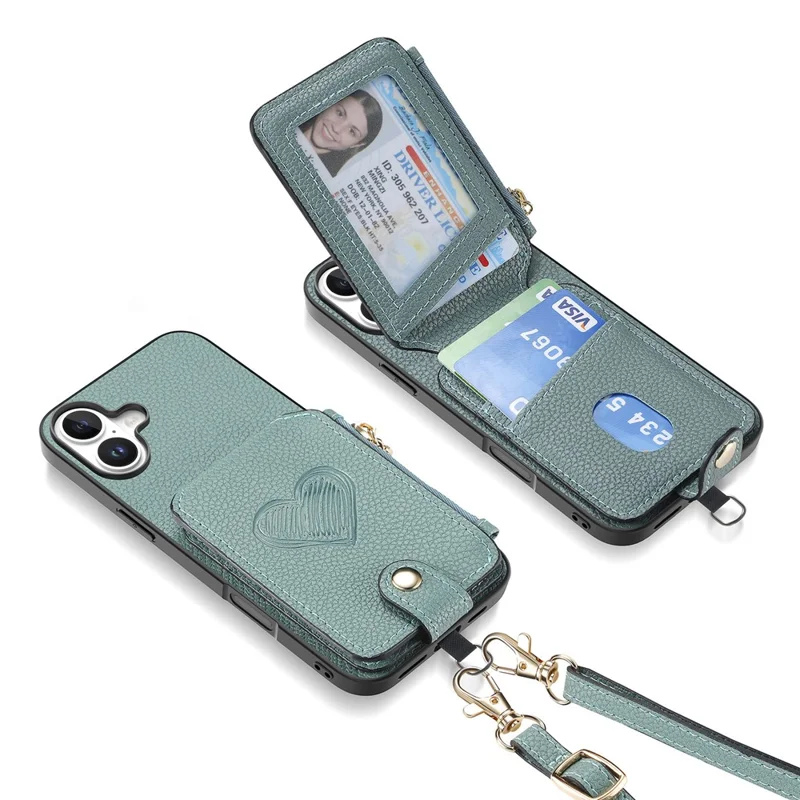 For iPhone 16 Case Card Holder Zipper Pocket Heart Pattern Leather Phone Back Cover with Crossbody Strap - Blue