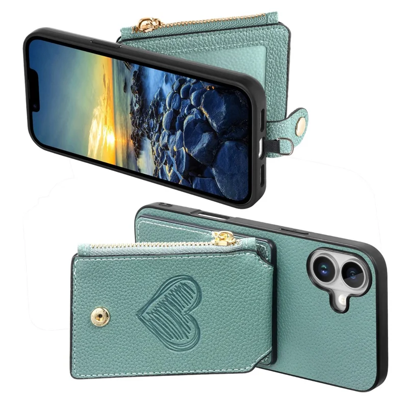 For iPhone 16 Case Card Holder Zipper Pocket Heart Pattern Leather Phone Back Cover with Crossbody Strap - Blue