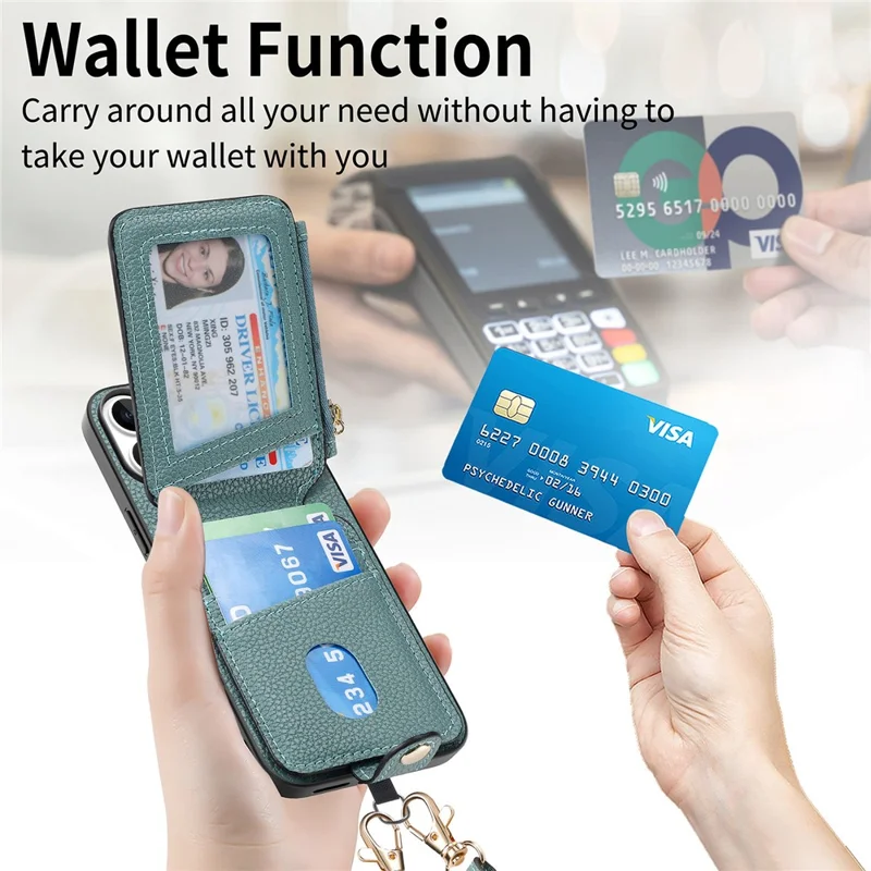 For iPhone 16 Case Card Holder Zipper Pocket Heart Pattern Leather Phone Back Cover with Crossbody Strap - Blue