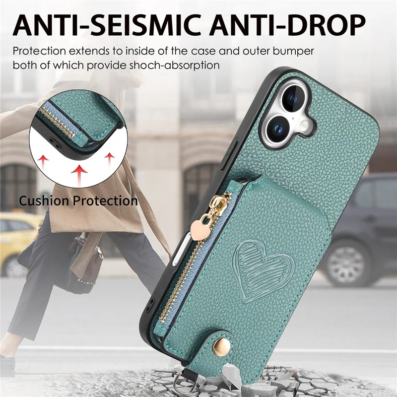 For iPhone 16 Case Card Holder Zipper Pocket Heart Pattern Leather Phone Back Cover with Crossbody Strap - Blue