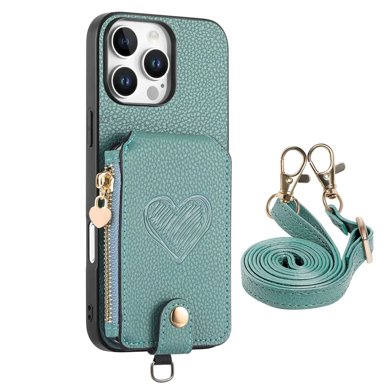 For iPhone 16 Pro Max Case Card Holder Zipper Pocket Heart Pattern Leather Phone Back Cover with Crossbody Strap - Blue