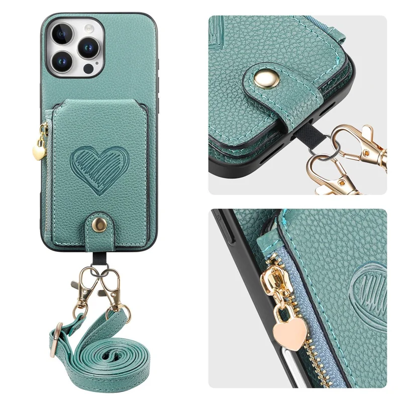 For iPhone 16 Pro Max Case Card Holder Zipper Pocket Heart Pattern Leather Phone Back Cover with Crossbody Strap - Blue