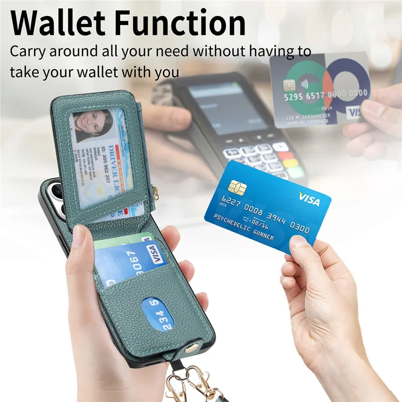 For iPhone 16 Pro Max Case Card Holder Zipper Pocket Heart Pattern Leather Phone Back Cover with Crossbody Strap - Blue
