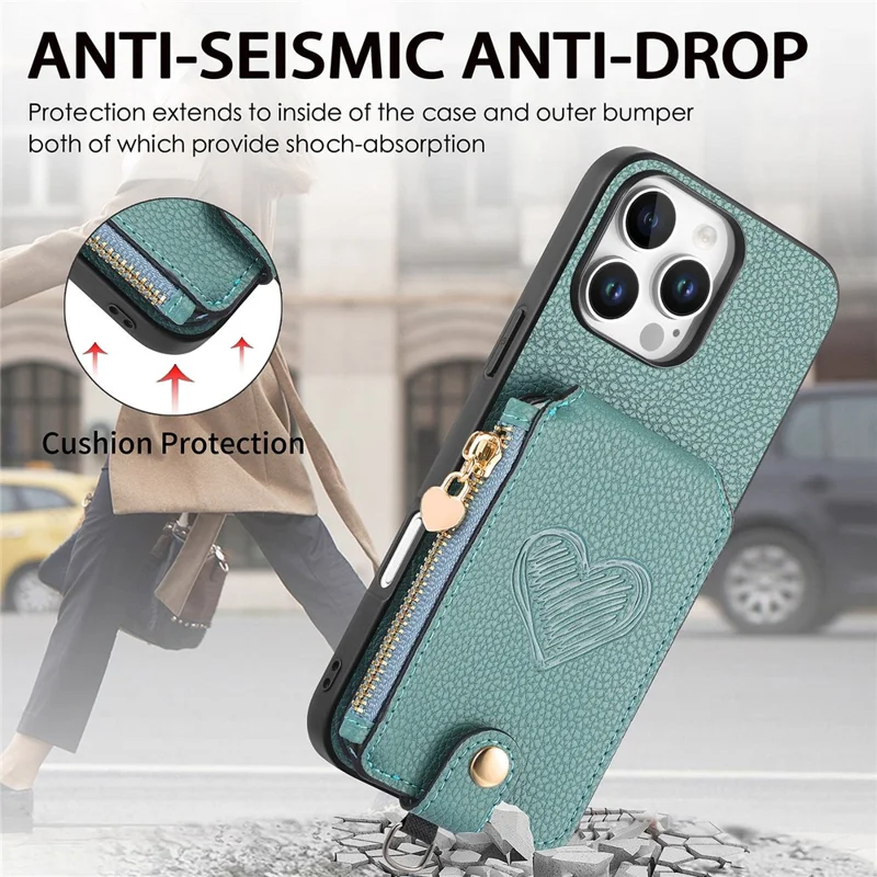 For iPhone 16 Pro Max Case Card Holder Zipper Pocket Heart Pattern Leather Phone Back Cover with Crossbody Strap - Blue