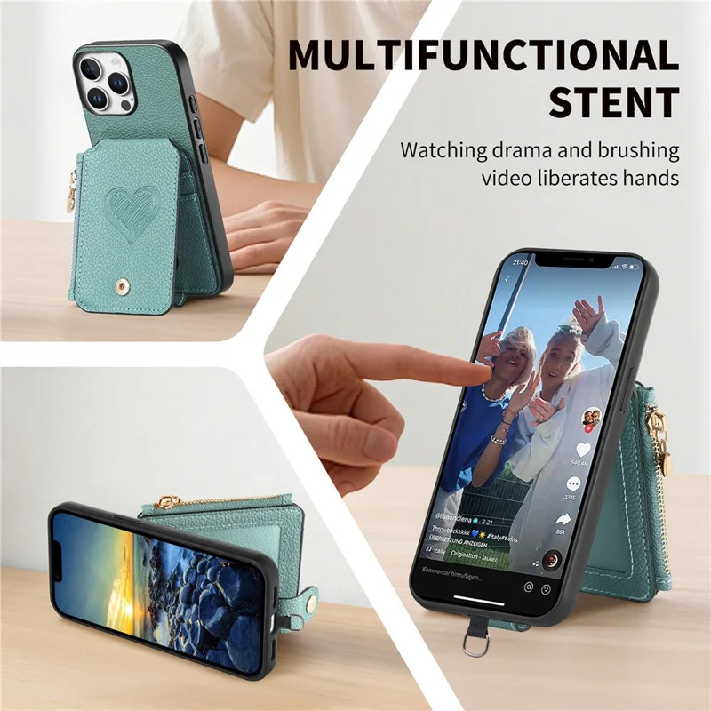 For iPhone 16 Pro Max Case Card Holder Zipper Pocket Heart Pattern Leather Phone Back Cover with Crossbody Strap - Blue