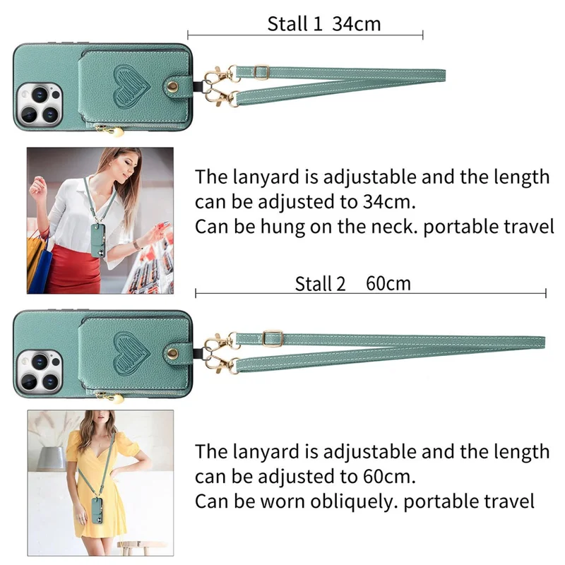 For iPhone 16 Pro Max Case Card Holder Zipper Pocket Heart Pattern Leather Phone Back Cover with Crossbody Strap - Blue