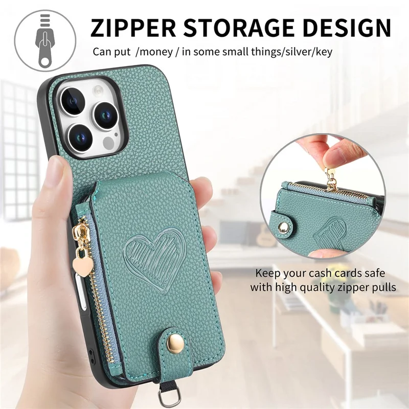 For iPhone 16 Pro Max Case Card Holder Zipper Pocket Heart Pattern Leather Phone Back Cover with Crossbody Strap - Blue