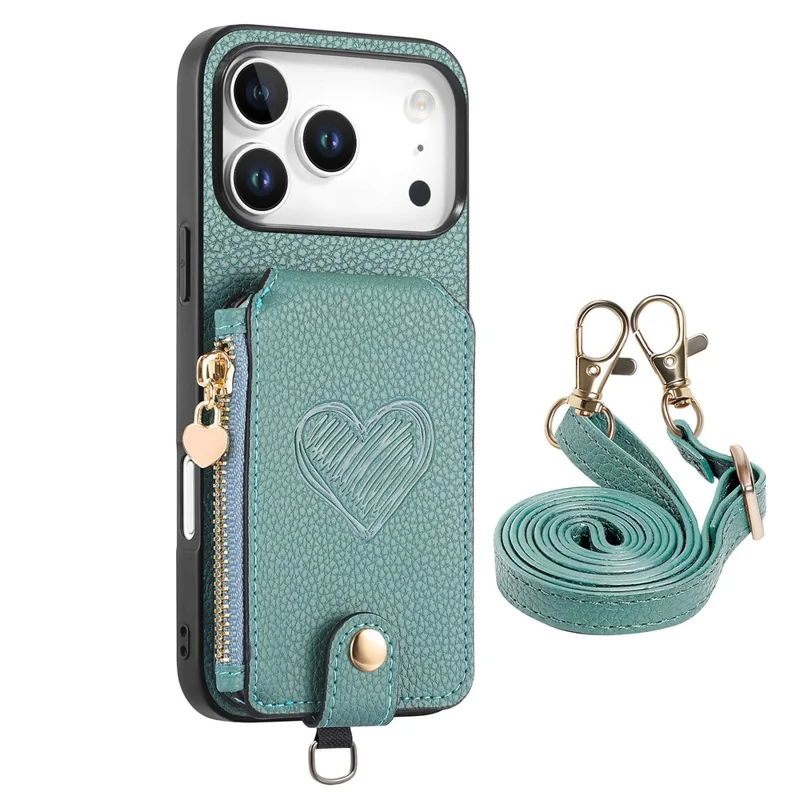 For iPhone 18 Pro / 17 Pro Case Card Holder Zipper Pocket Heart Pattern Leather Phone Back Cover with Crossbody Strap - Blue