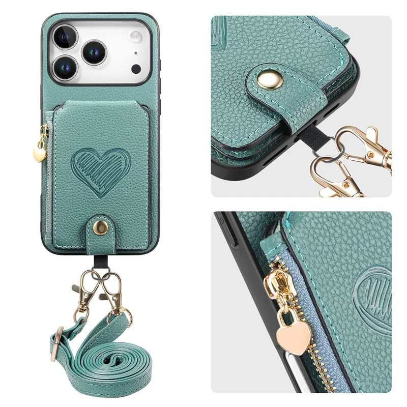 For iPhone 18 Pro / 17 Pro Case Card Holder Zipper Pocket Heart Pattern Leather Phone Back Cover with Crossbody Strap - Blue