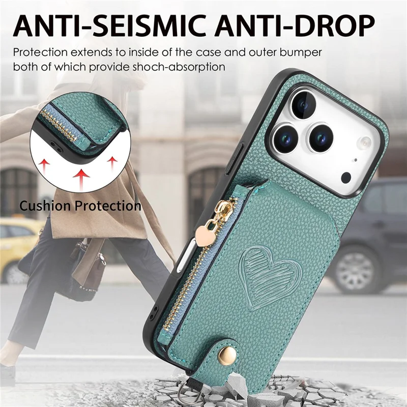 For iPhone 18 Pro / 17 Pro Case Card Holder Zipper Pocket Heart Pattern Leather Phone Back Cover with Crossbody Strap - Blue