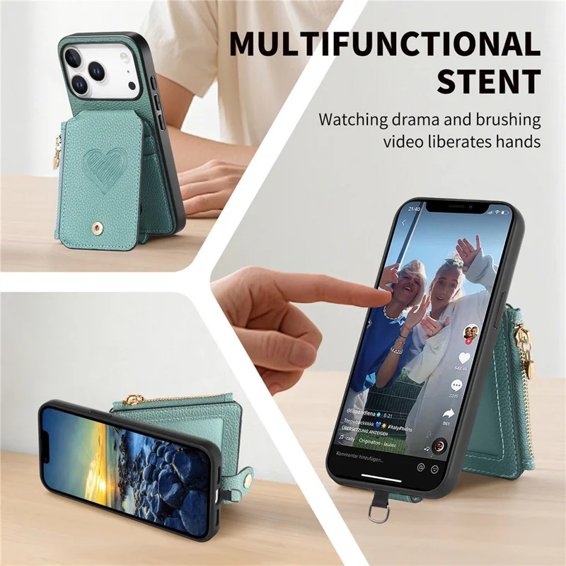 For iPhone 18 Pro / 17 Pro Case Card Holder Zipper Pocket Heart Pattern Leather Phone Back Cover with Crossbody Strap - Blue
