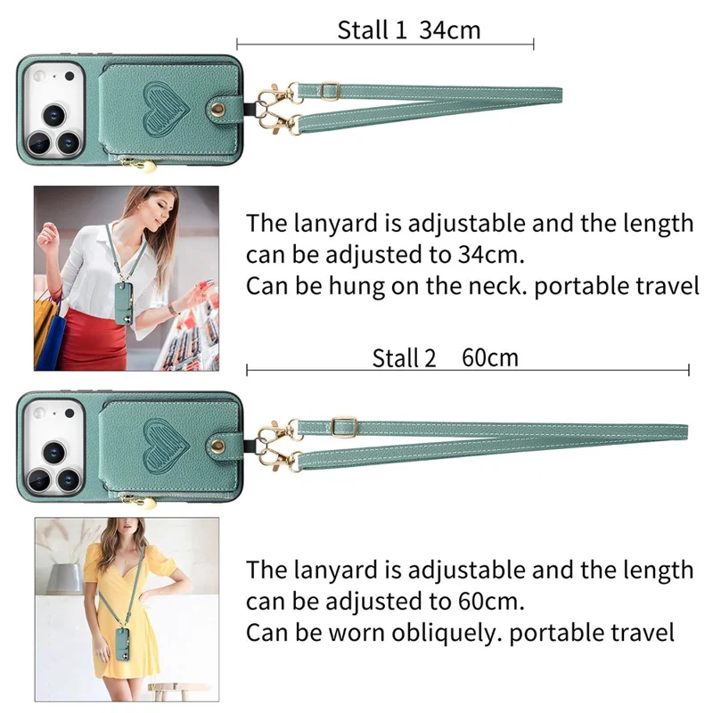 For iPhone 18 Pro / 17 Pro Case Card Holder Zipper Pocket Heart Pattern Leather Phone Back Cover with Crossbody Strap - Blue