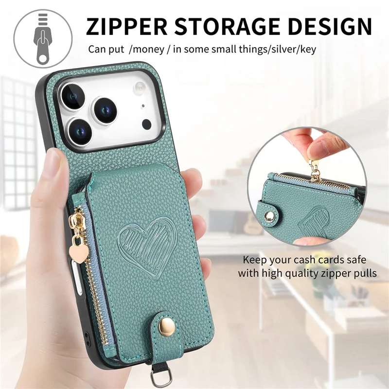 For iPhone 18 Pro / 17 Pro Case Card Holder Zipper Pocket Heart Pattern Leather Phone Back Cover with Crossbody Strap - Blue