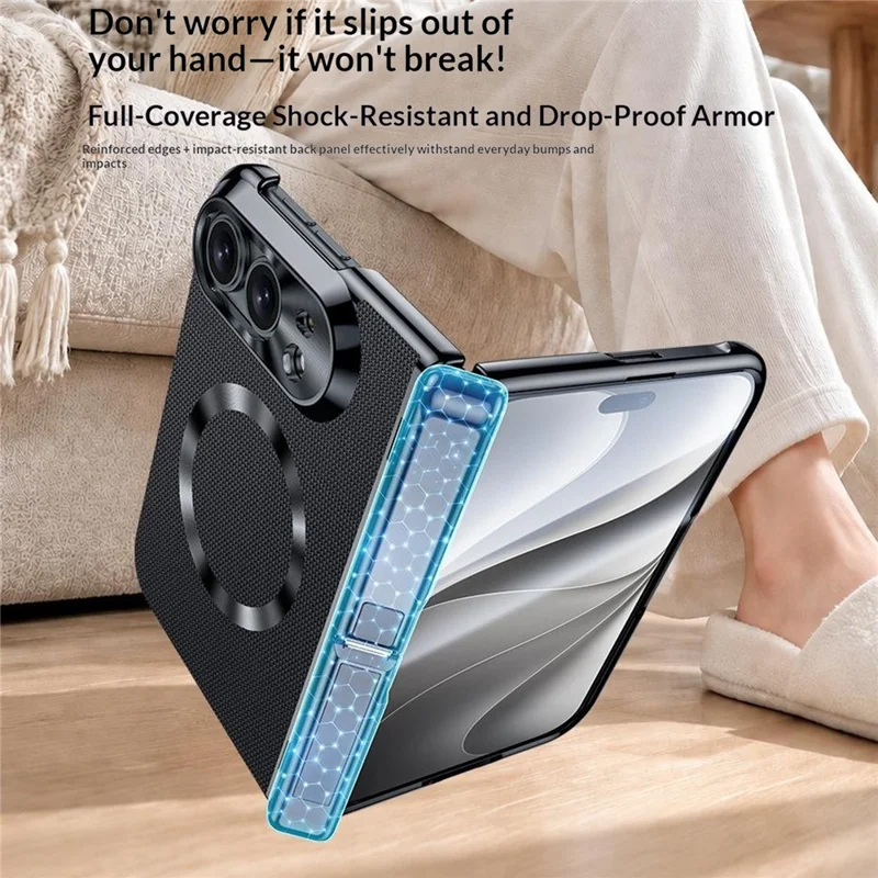 Für iPhone Fold Magnetische Hülle Scharnier-Kippständer Leder + PC Handyhülle mit Anti-Spionage Displayschutz - Blau