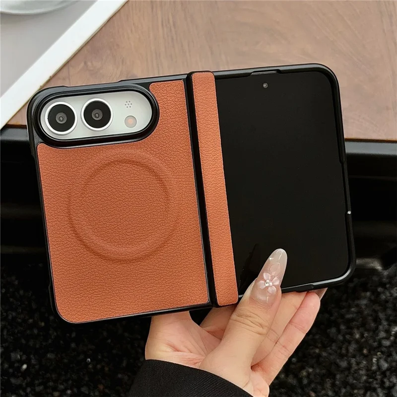 Für iPhone Fold Magnetische Hülle mit Litschi-Struktur-Leder + PC Scharnier-Schutz-Handyhülle - Braun