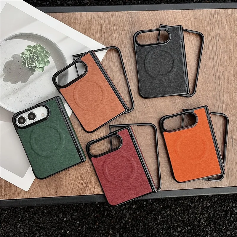 Für iPhone Fold Magnetische Hülle mit Litschi-Struktur-Leder + PC Scharnier-Schutz-Handyhülle - Braun