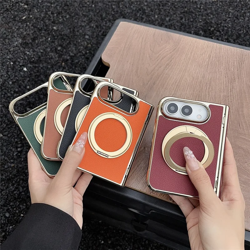 For iPhone Duo Magnetic Case Litchi Texture Electroplating Rotating Kickstand PU Leather Foldable Phone Cover - Green
