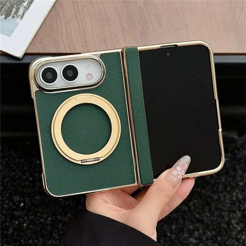 For iPhone Duo Magnetic Case Litchi Texture Electroplating Rotating Kickstand PU Leather Foldable Phone Cover - Green