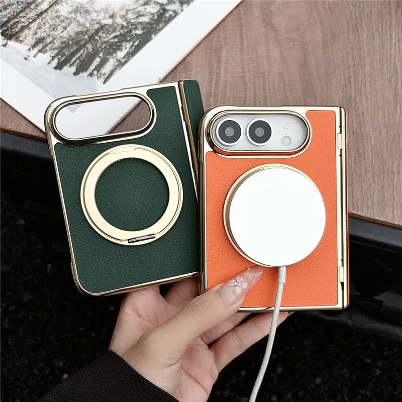 For iPhone Duo Magnetic Case Litchi Texture Electroplating Rotating Kickstand PU Leather Foldable Phone Cover - Green