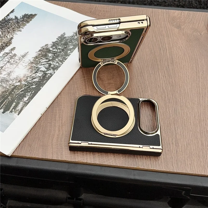 For iPhone Duo Magnetic Case Litchi Texture Electroplating Rotating Kickstand PU Leather Foldable Phone Cover - Green