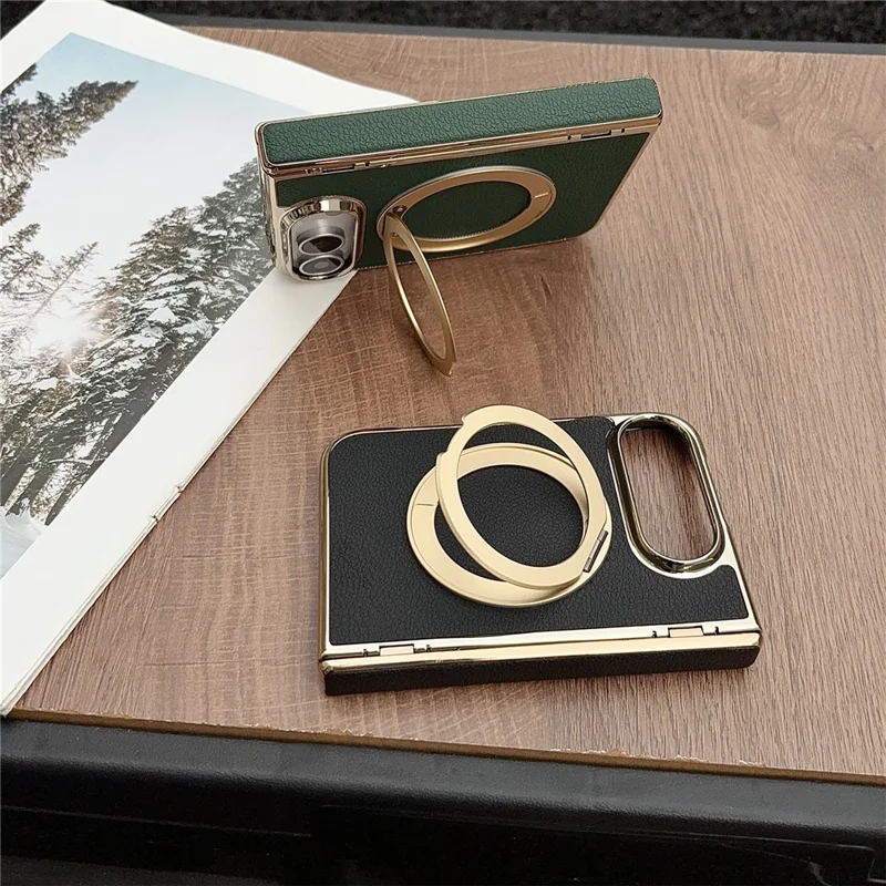 For iPhone Duo Magnetic Case Litchi Texture Electroplating Rotating Kickstand PU Leather Foldable Phone Cover - Green
