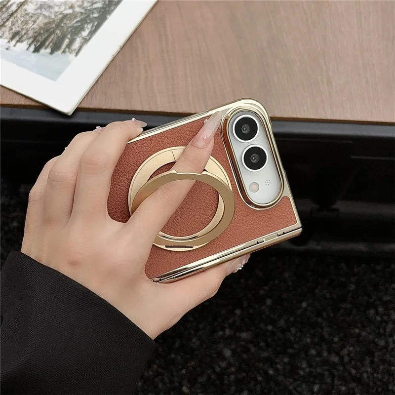For iPhone Duo Magnetic Case Litchi Texture Electroplating Rotating Kickstand PU Leather Foldable Phone Cover - Green