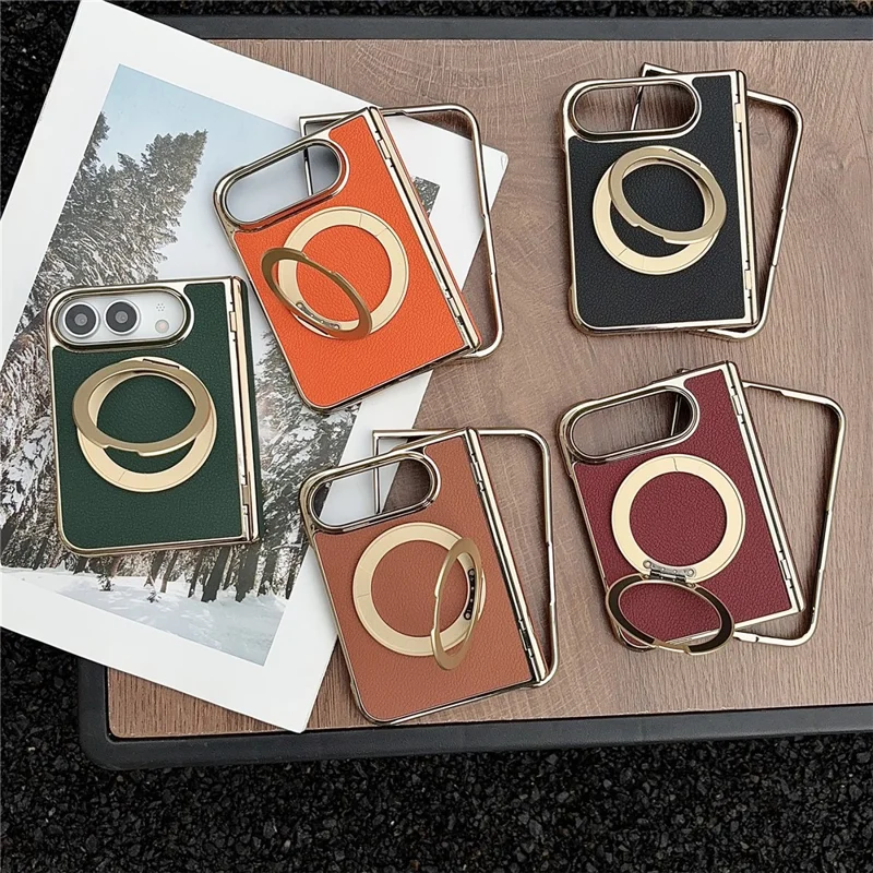 For iPhone Duo Magnetic Case Litchi Texture Electroplating Rotating Kickstand PU Leather Foldable Phone Cover - Green
