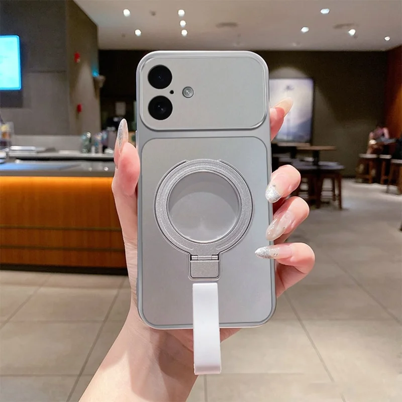 For iPhone 17 Magnetic Case Hand Strap Ring Kickstand Metallic Finish TPU Phone Cover - Silver