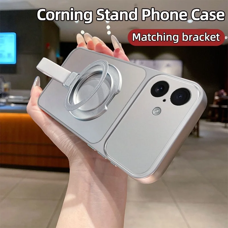 For iPhone 17 Magnetic Case Hand Strap Ring Kickstand Metallic Finish TPU Phone Cover - Silver
